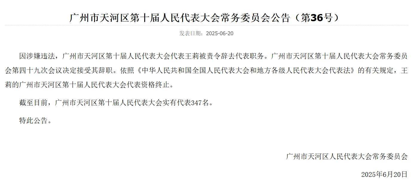 广州市天河区人大代表王莉因涉嫌违法被责令辞去代表职务